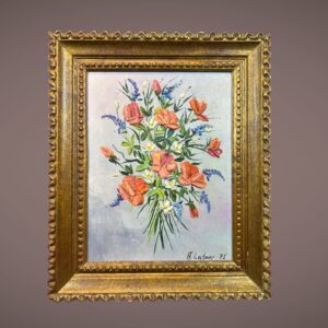 Peinture au couteau bouquet de fleurs Adrien Lechaire 1975