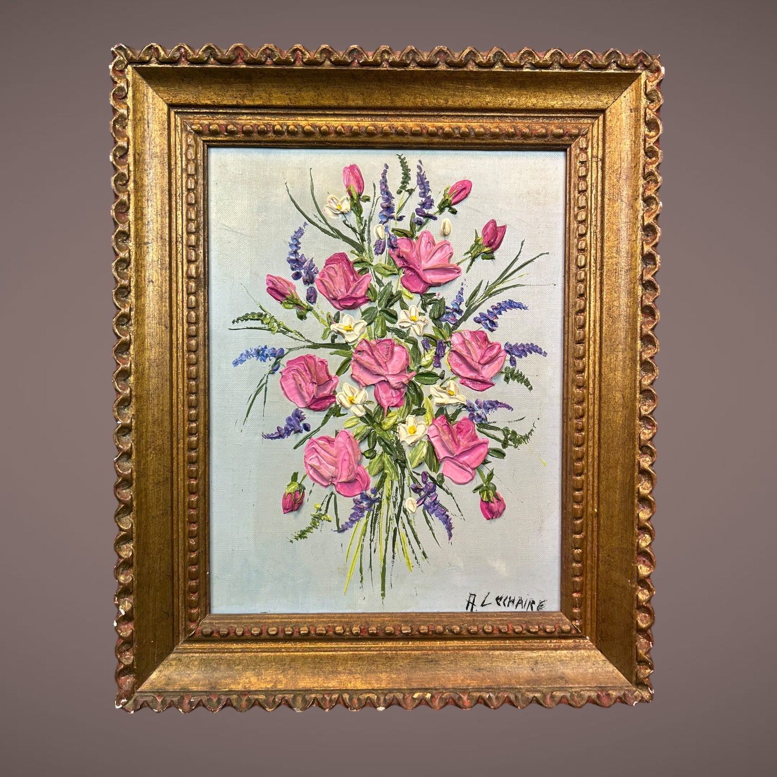 Peinture au couteau bouquet de fleurs Adrien Lechaire 1975