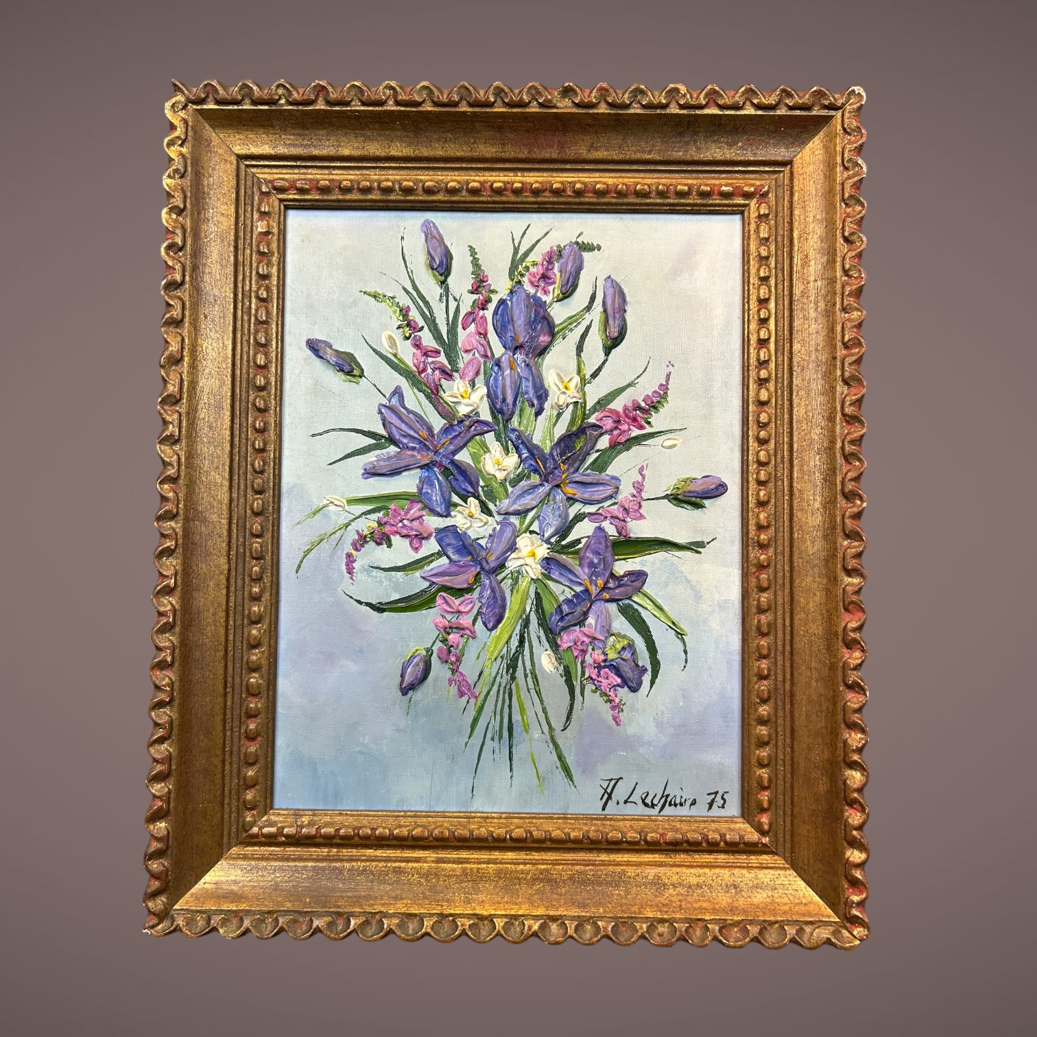 Peinture au couteau bouquet de fleurs Adrien Lechaire 1975