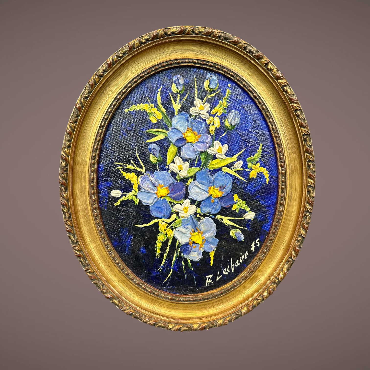 Peinture au couteau bouquet de fleurs Adrien Lechaire 1975